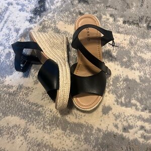 Torrid Black and Tan Wedge Sandals